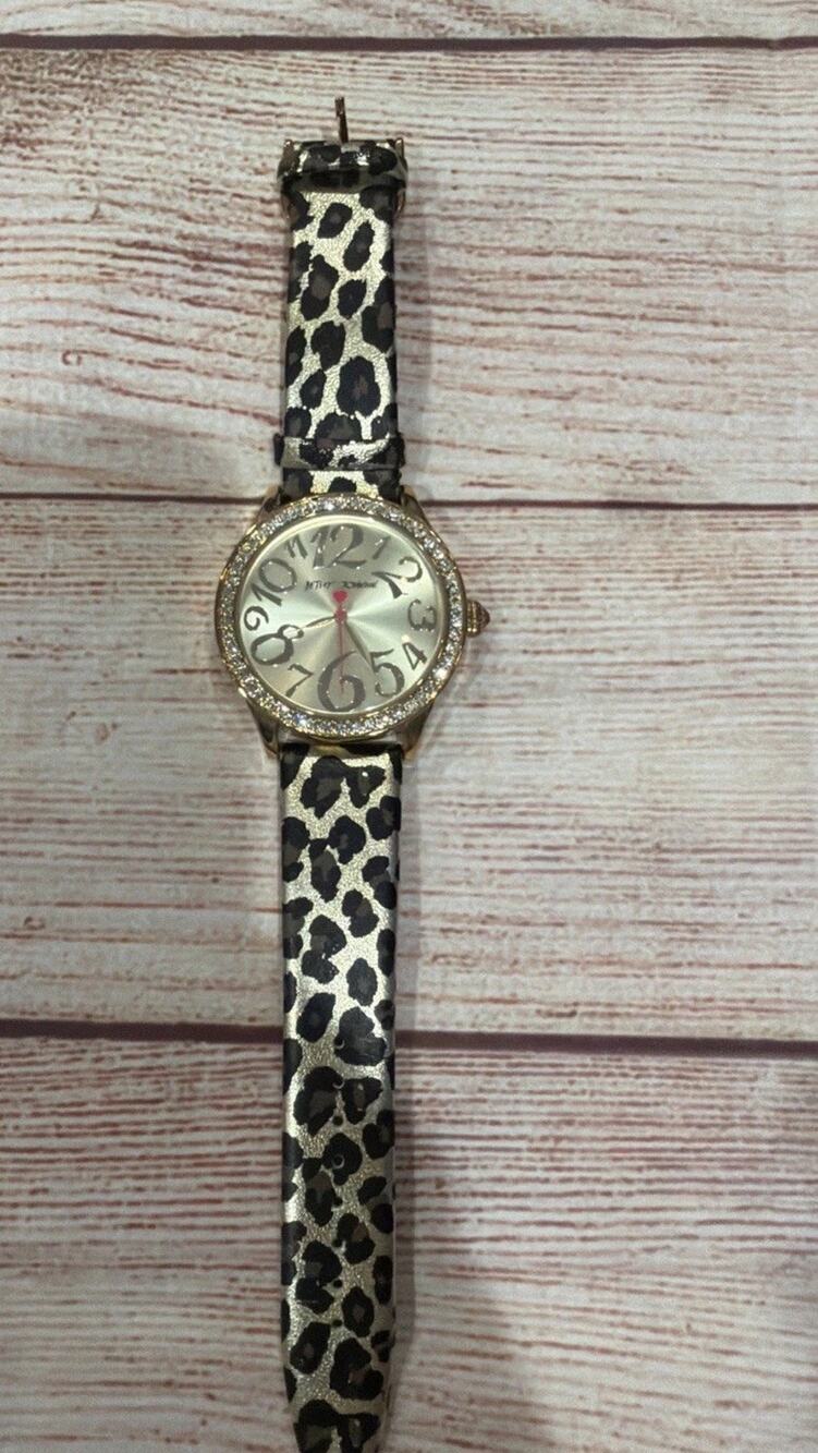 Betsey Johnson Analog Crystals Gold Tone Leopard Cheetah Print Watch